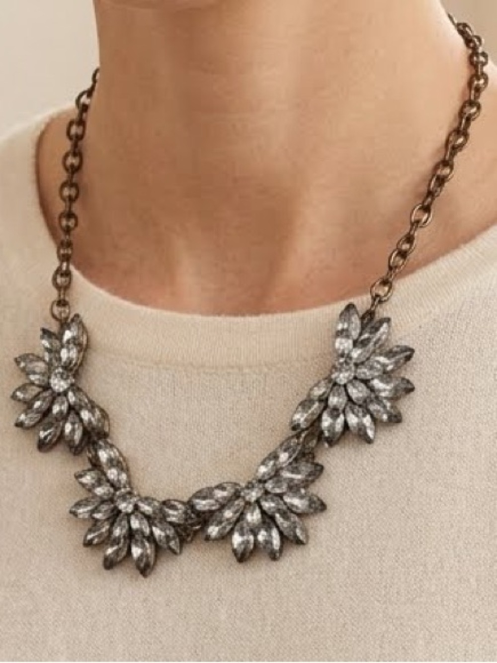 Rhinestone Statement Necklace – Gunmetal & Brass Floral Clusters